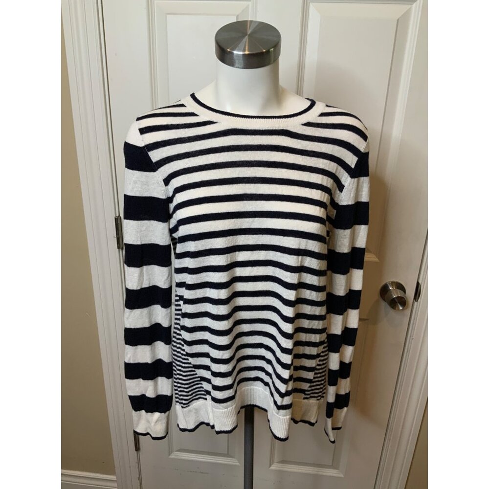 Boden White Blue Striped Nautical Thin Knit Sweater, Size Small